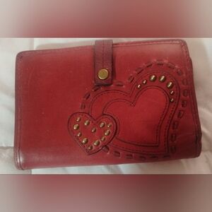 Fossil Genuine Leather Red Heart-Embellished Women's Wallet